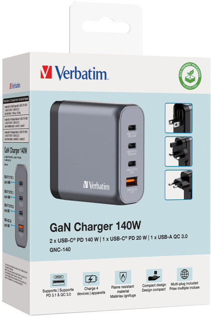 Ładowarka Verbatim 2 x USB-C PD 140 W / 1 x USB-C PD 20 W / 1 x USB-A QC 3.0 GaN 4-w-1 (EU/UK/US) Grey (4021801322036) - obraz 7