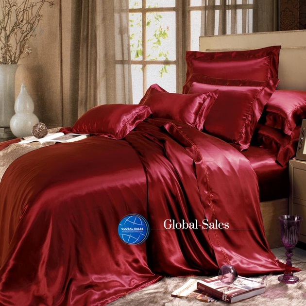 Атласное Бордовое двуспальное постельное белье Moka Textile 175х210см с простіней на резинке и 4 наволочки - Фото 1 Атласное Бордовое двуспальное постельное белье Moka Textile 175х210см с простіней на резинке и 4 наволочки - изображение 1