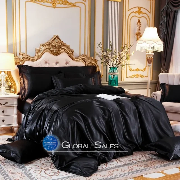 Атласное Чёрное Евро постельное белье Moka Textile + Дополнительно Наволочки Черные 2 шт 200х220см - Фото 1 Атласное Чёрное Евро постельное белье Moka Textile + Дополнительно Наволочки Черные 2 шт 200х220см - изображение 1