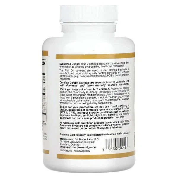 Omega-3 Premium Fish Oil, California Gold Nutrition, риб'ячий жир преміум 180 EPA/120 DHA, 100 капсул - зображення 3