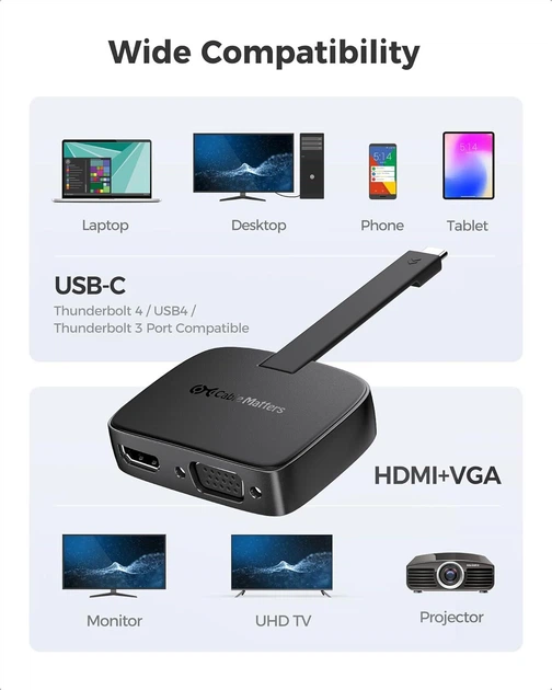 Адаптер-переходник Cable Matters Type-C to HDMI (4K@60Hz), Type-C to VGA (1920x1080@60Hz) Black - изображение 6