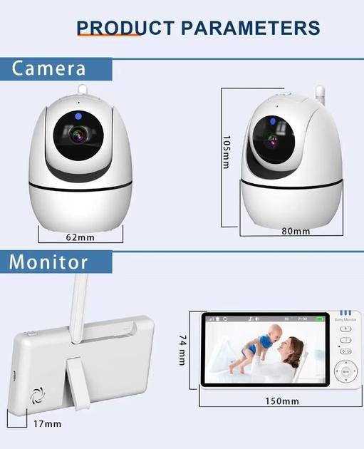 Видеоняня Baby Monitor ABM501-USB с 5-дюймовым LCD монитором, датчиком звука, ночное виденье, беспроводная, поворотная радионяня, измерение температуры - изображение 2