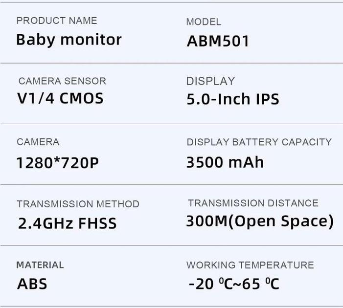 Видеоняня Baby Monitor ABM501-USB с 5-дюймовым LCD монитором, датчиком звука, ночное виденье, беспроводная, поворотная радионяня, измерение температуры - изображение 11