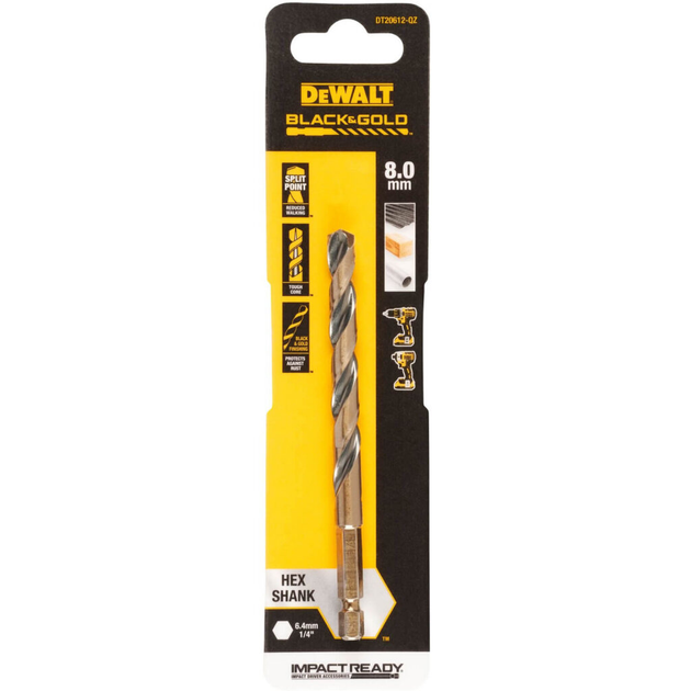 Свердло DeWALT DT20612 Extreme Impact 8 мм — 135° centering tip, HEX 1/4″, для сталі та ударних інструментів - Фото 3 Свердло DeWALT DT20612 Extreme Impact 8 мм — 135° centering tip, HEX 1/4″, для сталі та ударних інструментів - зображення 3