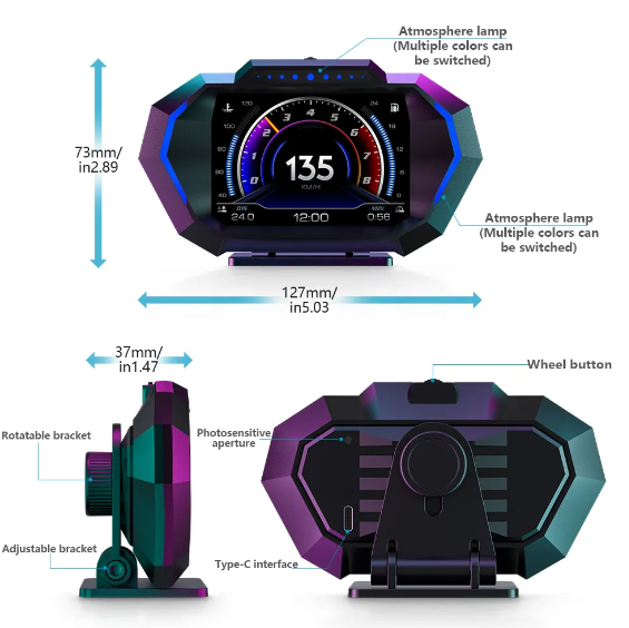 Бортовий комп'ютер HUD P24 GPS-спідометр, OBD2 - зображення 4