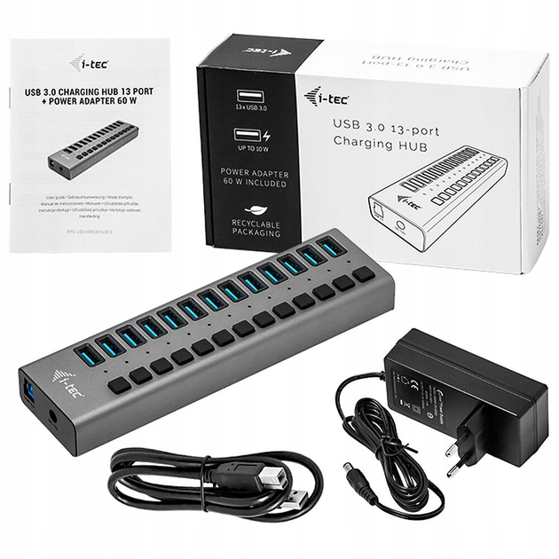 USB-хаб i-Tec USB 3.0 Charging HUB 13 port with external power adapter 60W 13x USB charging port for Tablets Notebooks Ultrabooks PC (U3CHARGEHUB13) - зображення 2