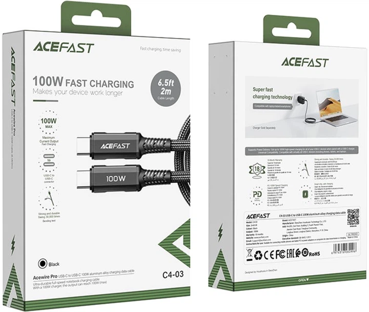 Кабель Acefast C4-03 Type-C to Type-C 5A, 100W, 2m, nylon, zinc connectors, Black (AFC4-03B) - изображение 3
