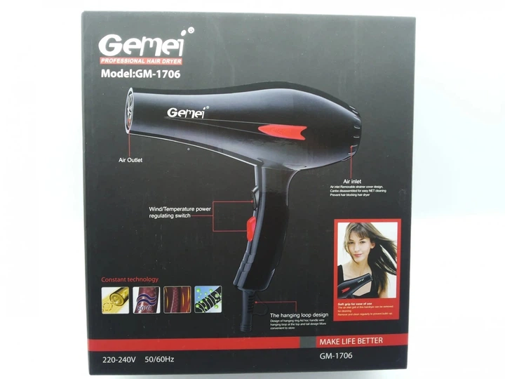 Фен для укладки и сушки волос Gemei GM-1706 Pro 1500W Черный - изображение 7