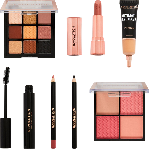 Zestaw kosmetyków do makijażu Makeup Revolution Get The Look Paletka 9 cieni do powiek 9 g + Paleta róży 4 g + Eyeliner w kredce 1.15 g + Baza pod cienie do powiek 15 ml + Tusz do rzęs 8 g + Pomadka do ust 3.5 g + Konturówka do ust 1.15 g (5057566639972) - obraz 2