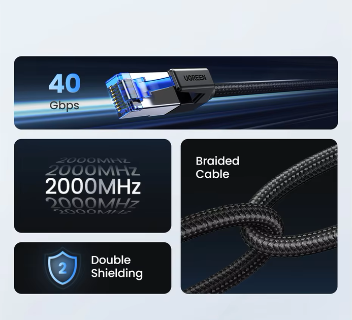 Інтернет-кабель UGREEN NW153 Cat.8 F/FTP 40 Gbps 2000 Mhz Патч-корд Lan RJ 45 1м (2000137) - зображення 4