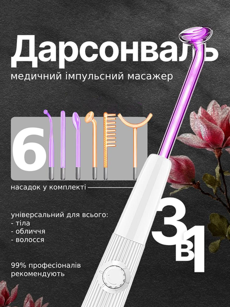 Дарсонваль для догляду за волоссям, обличчям, суглобами та тілом багатофункціональний потужний косметологічний апарат для дарсонвалізації 6 насадок - зображення 1