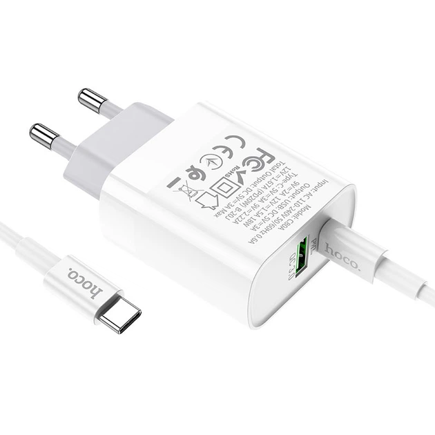 Мережевий зарядний пристрій Hoco C80A Rapido 20 Вт USB-C+USB-A PD/QC з кабелем Type-C білий - зображення 7