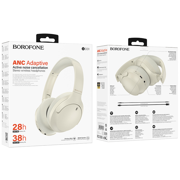 Бездротові навушники BOROFONE BO31 Prestige active noise Reduction BT headphones Milky white (6941991113017) - изображение 2