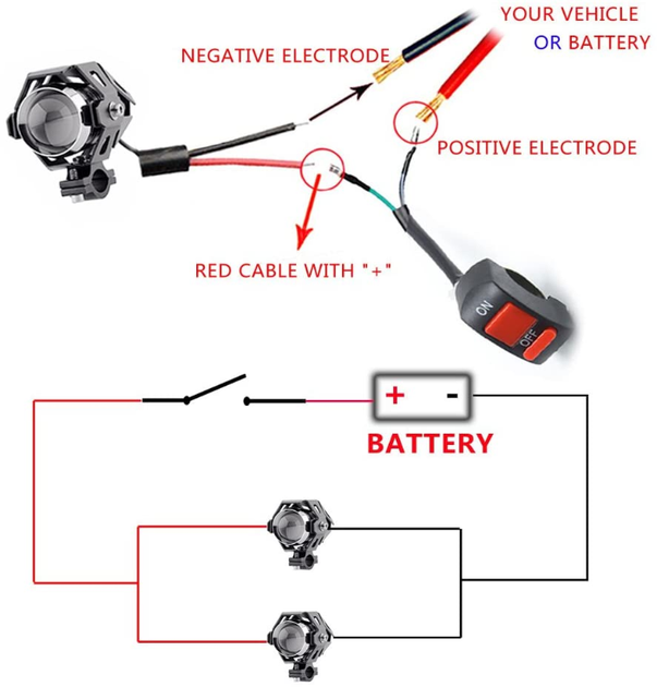 Мотофари 2шт, прожектори фари для мотоцикла U5 LED 12В + кнопка, чорні - зображення 6
