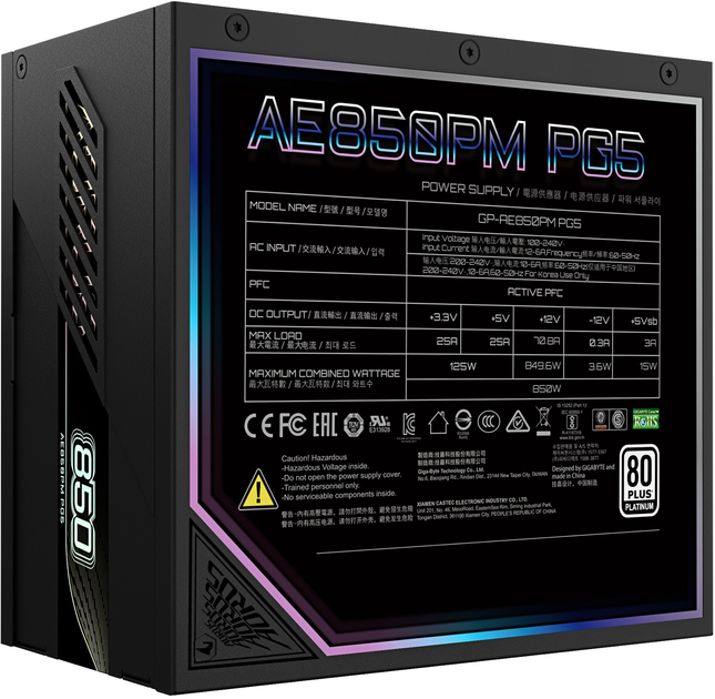 Zasilacz Gigabyte AORUS ELITE P850W 80+ Platinum Modular PCIe 5.1 (rev. 1.1) Black (GP-AE850PM PG5) - obraz 5