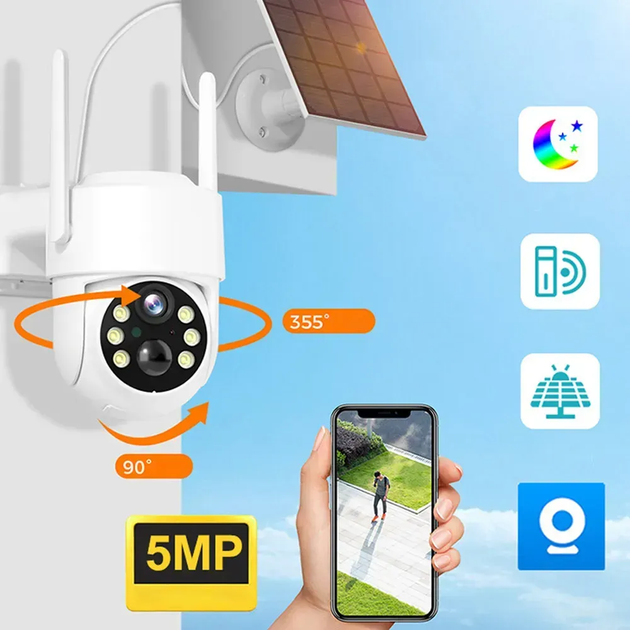 Вулична IP WiFi камера відеоспостереження 5Мп із сонячною панеллю PTZ, HD, Y009W (L) - Фото 2 Вулична IP WiFi камера відеоспостереження 5Мп із сонячною панеллю PTZ, HD, Y009W (L) - зображення 2