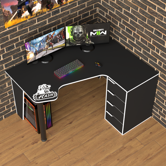Стіл ігровий кутовий геймерський ергономічний Rasin RS-11 Zeus Чорно-білий (ламінована ДСП) (RS-11) - зображення 3