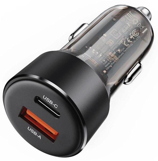 Автомобільний зарядний пристрій Acefast B12 60W USB-A+USB-C dual-port car charger Black (6974316282914) - зображення 2