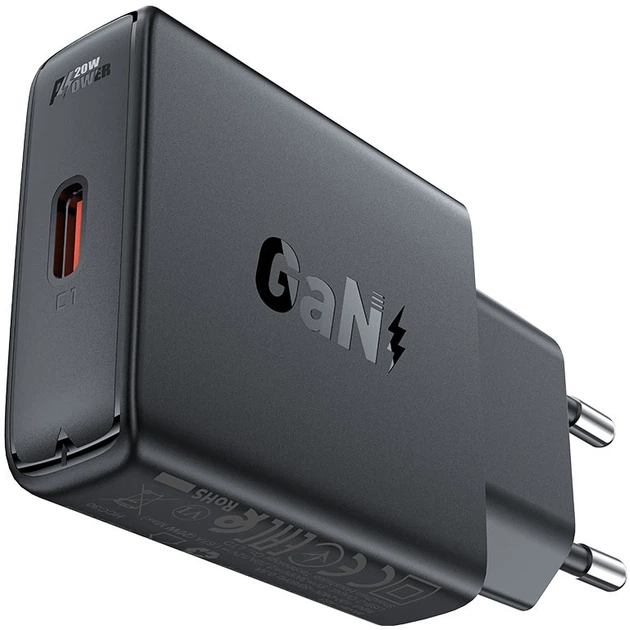 Мережевий зарядний пристрій Acefast A65 PD20W GaN single USB-C ultra-thin charger Black (6974316282686) - зображення 2