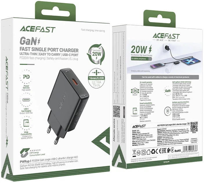 Мережевий зарядний пристрій Acefast A65 PD20W GaN single USB-C ultra-thin charger Black (6974316282686) - зображення 6