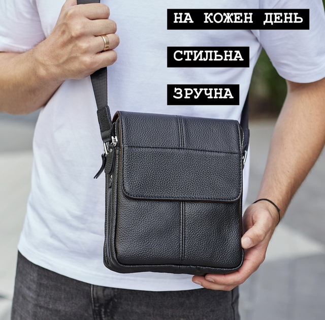 Чоловіча шкіряна сумка через плече м'яка BEXHILL чорна 21х24х6 см (631-MA-087) - зображення 8