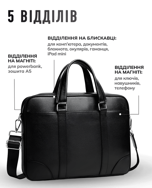 Мужская кожаная сумка для ноутбука и документов 39x28x7 / деловой портфель для работы, черный - Фото 3 Мужская кожаная сумка для ноутбука и документов 39x28x7 / деловой портфель для работы, черный - изображение 3