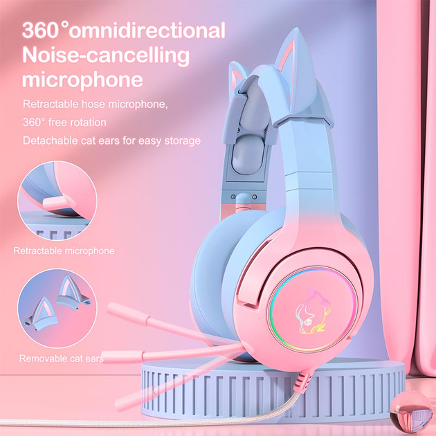 Дротова ігрова гарнітура ONIKUMA Gaming CAT Gradient with RGB K9, USB, 3.5mm, 2.2m, pink&blue - зображення 4