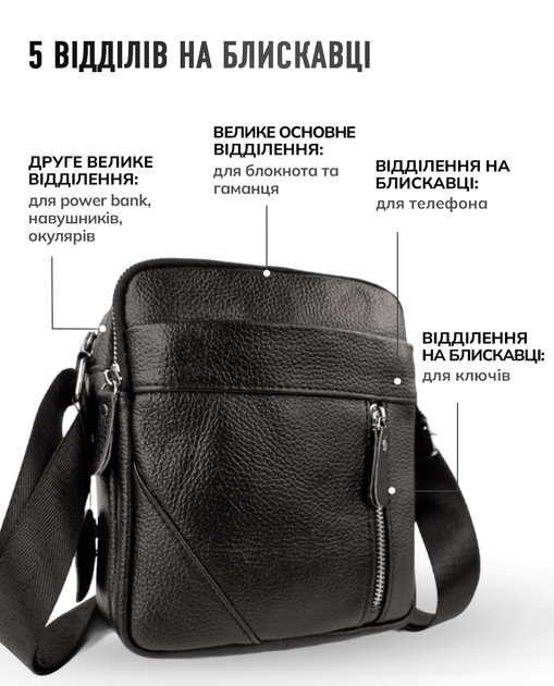 Классическая мужская кожаная сумка через плечо Tiding Bag 21 х 18 х 7 см черная (864-HT4643) - Фото 2 Классическая мужская кожаная сумка через плечо Tiding Bag 21 х 18 х 7 см черная (864-HT4643) - изображение 2
