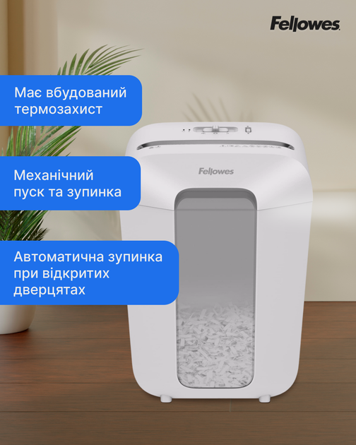 Шредер Fellowes LX70 9 листов 4x40 мм 18 л White (f.U1000017468) - изображение 10