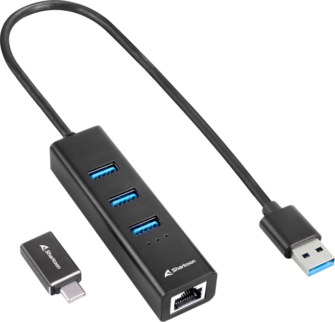 Док-станція Sharkoon 3-Port USB 3.2 Gen 1 Alu Hub + Ethernet (4044951037575) - зображення 1