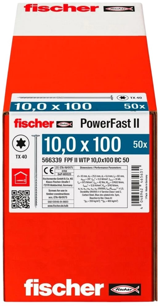 Набір шурупів Fischer PowerFast II 10 x 100 з плоскою головкою TX 50 шт. (4048962465631) - зображення 1