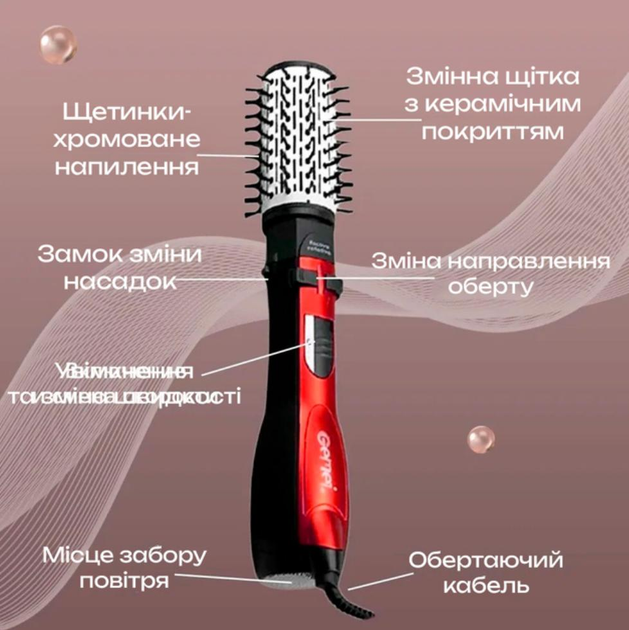 Стайлер для укладки волос вращающийся Gemei GM-4828 фен браш с 3 насадками - изображение 3