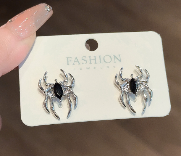 Серьги Fashion Jewerly ПАУКИ 2 шт с черным камнем бижутерия в готическом стиле Y2K серебристые (SVS) - изображение 4
