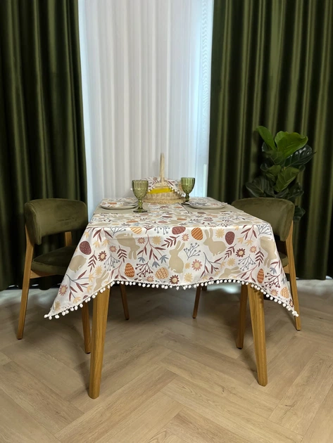 Скатерть водоотталкивающая Delux Textil с помпонами Пасхальные кролики классик 210 х 140 см (368136) - изображение 2
