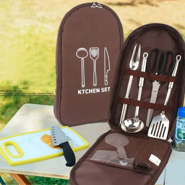 Кухонный органайзер для столовых приборов Kitchen set кухонная утварь сумка для пикника с посудой Коричневый - Фото 5 Кухонный органайзер для столовых приборов Kitchen set кухонная утварь сумка для пикника с посудой Коричневый - изображение 5