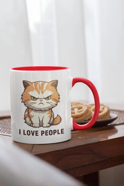 Кружка с рисунком "I Love People" на подарок для друга, парня, подруги, девушки керамическая 330 мл белая с красной ручкой - изображение 2