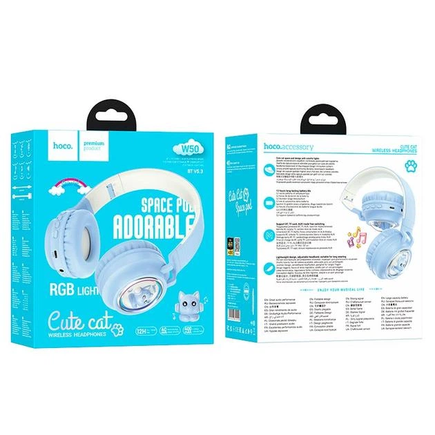Беспроводные наушники HOCO W50 Cute fun BT headphones, BT5.3, AUX, TF, 400mAh, 12h, blue - изображение 3