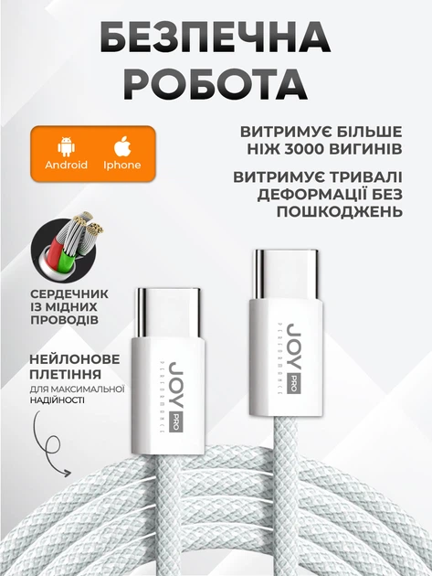 Кабель быстрой зарядки андроид айфон Type-C JoyPro 20W White зарядный шнур USB-C 1 метр 5А для смартфонов apple iphone android Универсальный Тайпси + Тканевая оплетка + Держатель кабеля в комплекте (Белый) - изображение 2