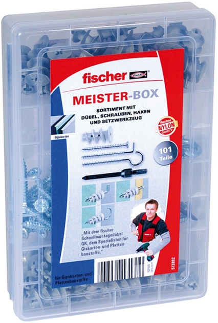 Набір шурупів і дюбелів Fischer Meister-Box GK + гачки 100 шт. (513892) - зображення 1