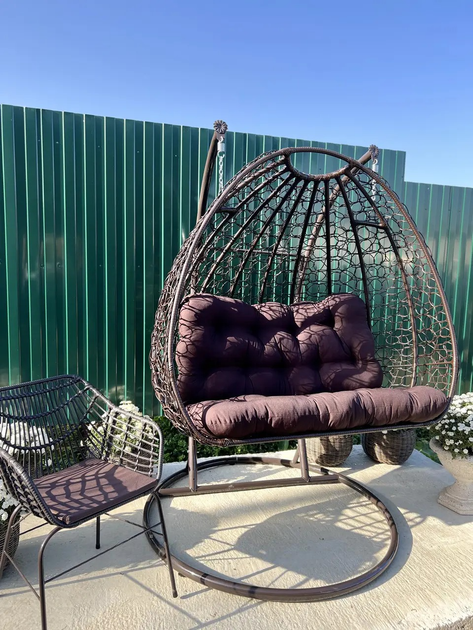 Подвесное кресло-кокон из техноротанга "Double-Garden" Brown Коричневый, двухместные качели гамак для дачи с подушкой - изображение 7