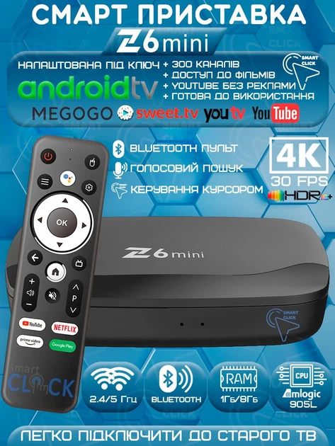 Смарт ТВ-приставка Z6 mini 1/8Гб Android TV 13 Amlogic S905L