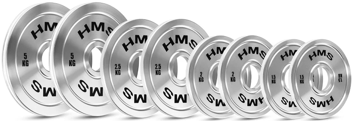 Zestaw talerzy olimpijskich stalowych kalibrowanych HMS TOS 2 x 1.5 - 5 kg o łącznej wadze 22 kg (5908261683275) - obraz 3