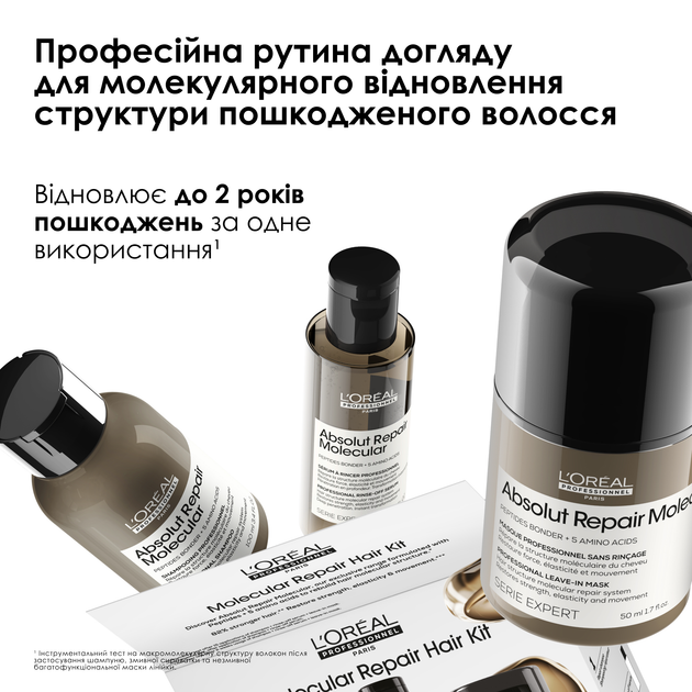 Набор по уходу за волосами L'Oreal Professionnel Paris Absolut Repair Molecular Шампунь 100 мл + Сыворотка 75 мл + Несмываемая маска 50 мл (3474637285722) 