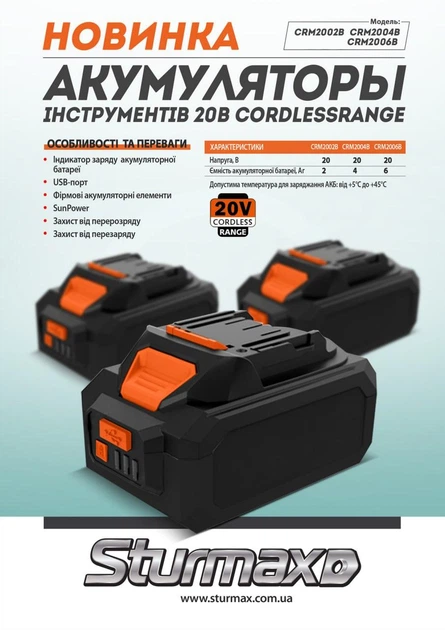 Аккумуляторная батарея Li-Ion 20В Sturmax CRM2002B - изображение 3