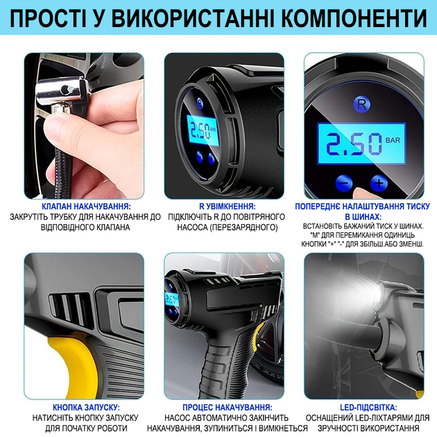 Аккумуляторный компрессор – насос Podofo PAC01 для мотоцикла, автомобиля, велосипеда, black - изображение 7