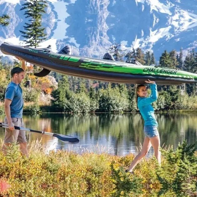 Двухместная надувная лодка-байдарка Challenger K2 Kayak 68306 Intex с веслами и насосом 351 x 76 x 38 см Зеленый - изображение 4