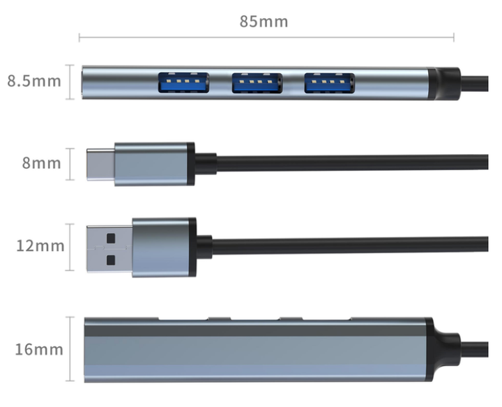 USB-хаб концентратор USB C-809 USB 3.0 Type-C/Type-A на 4 порта: 1 x USB 3.0 3 x USB 2.0 Металл, серебристый (L147) - изображение 4