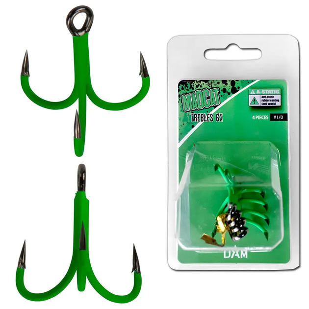 Гачок-трійник на сома №3/0 DAM MADCAT® A-STATIC TREBLE Hook 6Х 4шт. (green) 55958 - изображение 2