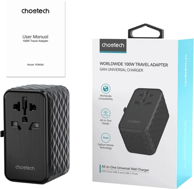 Зарядний пристрій Choetech 4xUSB 100W PD (2хUSB-C+2хUSB-A) сharger diamond model Black (PD6028-BK) - зображення 3
