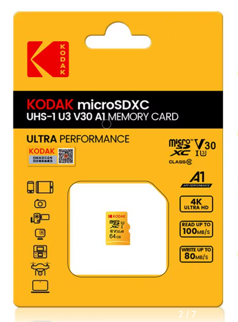 Карта пам'яті micro SD Kodak 128Gb U3 A1 class 10 V 30 - Фото 2 Карта пам'яті micro SD Kodak 128Gb U3 A1 class 10 V 30 - зображення 2